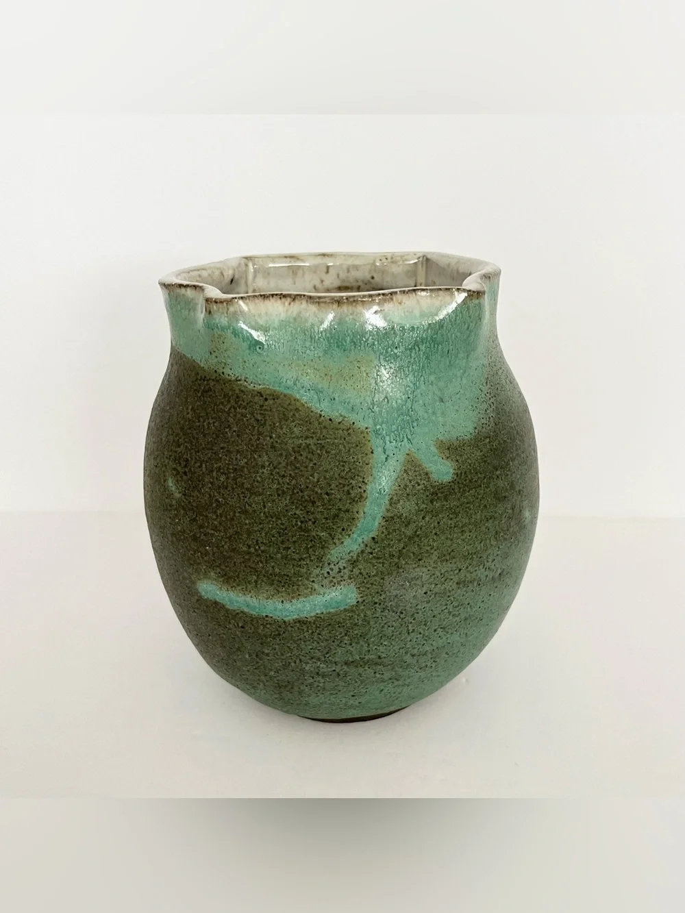 Studio Pottery Handmade Ceramic Green Vase Round Bulbous Organic Shape Rustic